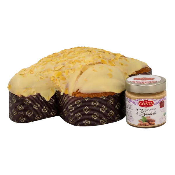 Colomba con glassa al cioccolato bianco e fogliette di mandorla con crema di mandorla 1 KG