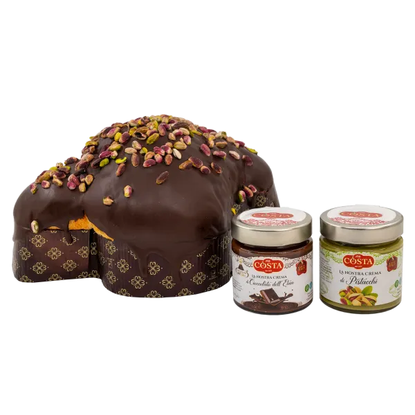 Colomba con glassa al cioccolato fondente, pistacchi e doppia crema 1,200 KG