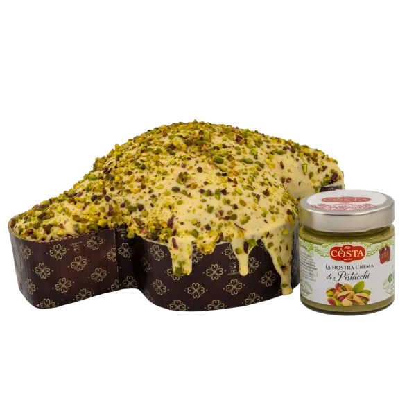 Colomba con glassa al cioccolato bianco e granella di pistacchio con crema al pistacchio 1 KG