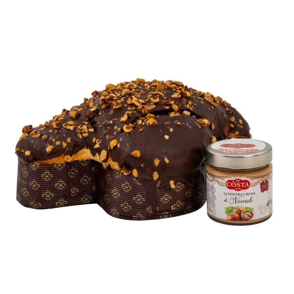 Colomba con glassa al cioccolato e granella di nocciole con crema alla nocciola 1 KG