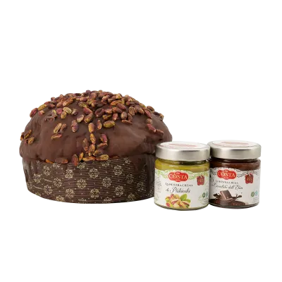 Panettone in scatola artistica, con glassa al cioccolato e pistacchi e doppia crema 1,2 KG