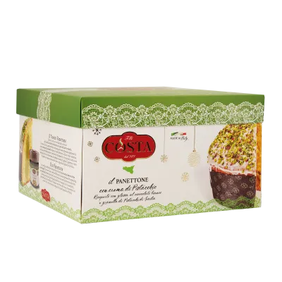 Panettone con glassa al cioccolato bianco e granella di pistacchio con crema al pistacchio 1 KG