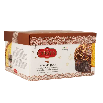 Panettone con glassa al cioccolato e granella di nocciole con crema alla nocciola 1 KG