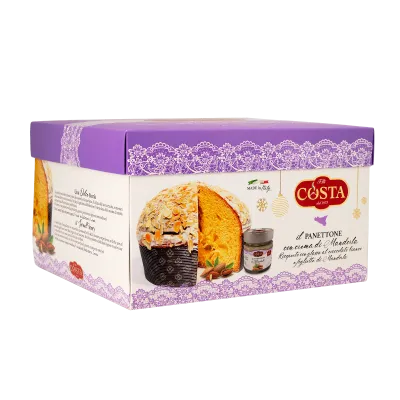 Panettone con glassa al cioccolato bianco e fogliette di mandorla con crema di mandorla 1 KG