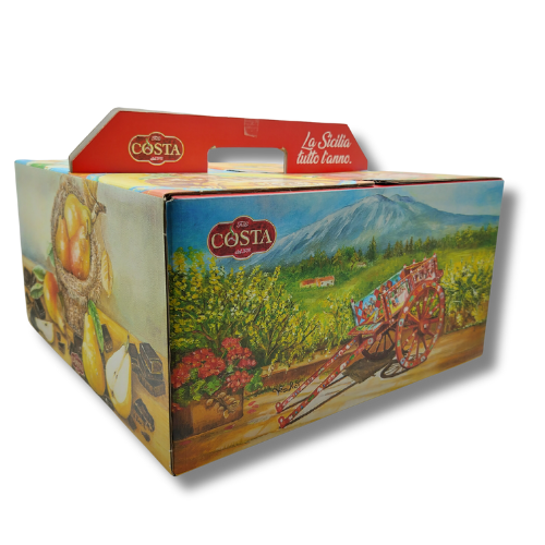 The Sapori Siciliani art box, hand-painted with colorful scenes of Sicily
