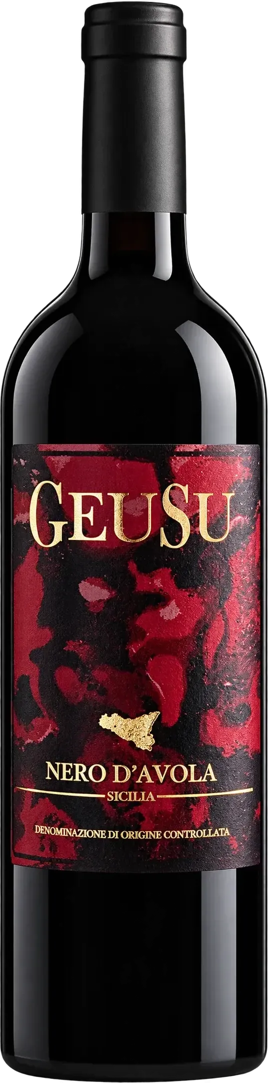Bottiglia di Nero d'Avola DOC Sicilia Geusu, etichetta rosso gelso