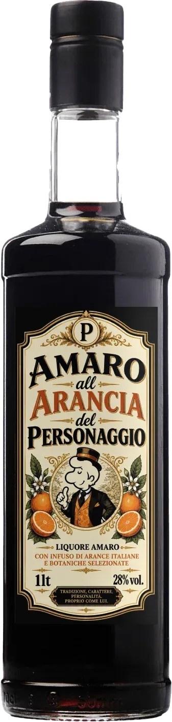 Bottiglia da un litro dell'Amaro all'arancia del Personaggio, 28% vol.