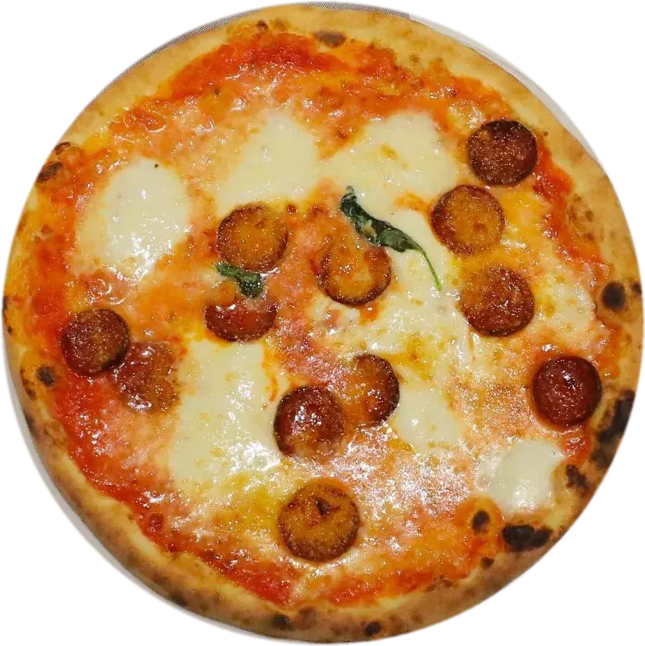 Pizza romana con mozzarella e salame piccante appena sfornata