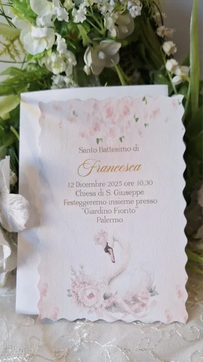 Invito Santo Battesimo cigno rosa
