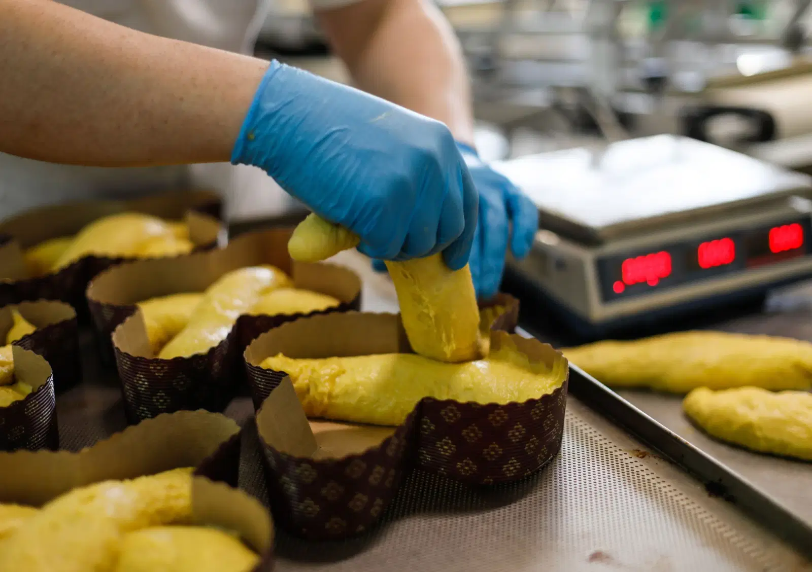 L&rsquo;impasto pesato a mano e messo negli stampi del panettone