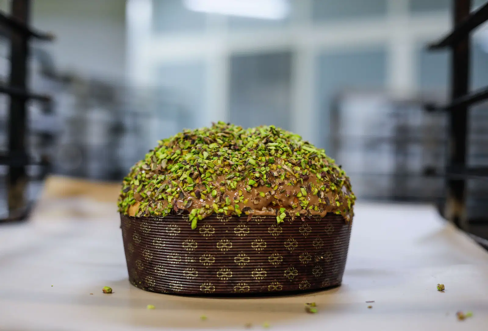 A pistachio panettone on the bench in the Costa bakery