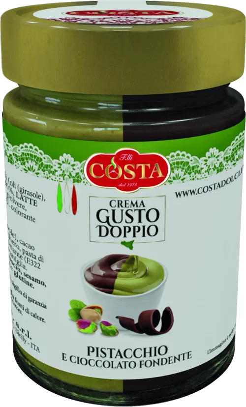Jar of Gusto Doppio pistachio and dark chocolate cream