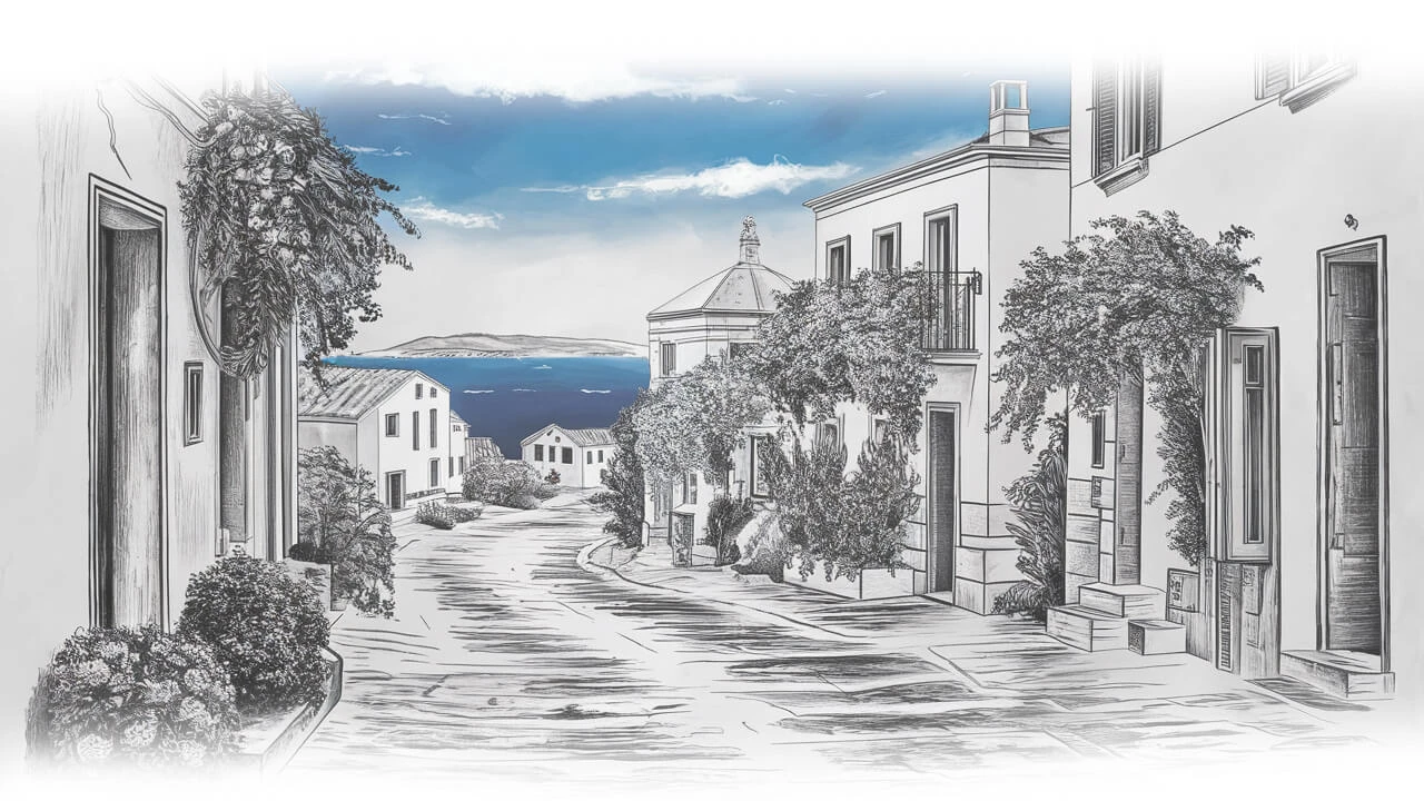 Disegno a matita di una via di paese siciliano che scende verso il mare