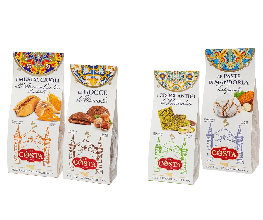 Bags of mustacciuoli, gocce, almond brittle and almond pastries