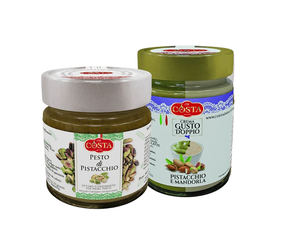 Jars of pistachio cream and Gusto Doppio cream