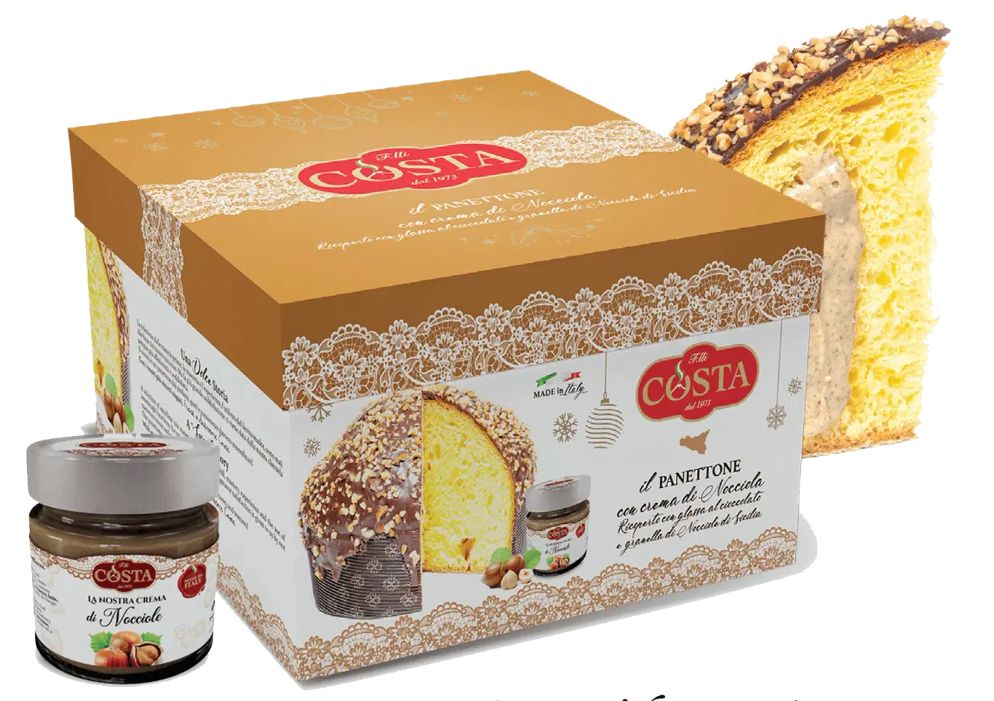 Panettone with hazelnut cream: the box, the jar and a slice